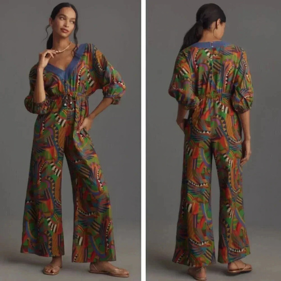 FARM Rio Pants - NEW Farm Rio Wide Leg Jumpsuit Anthropologie Tropical Print Linen Blend